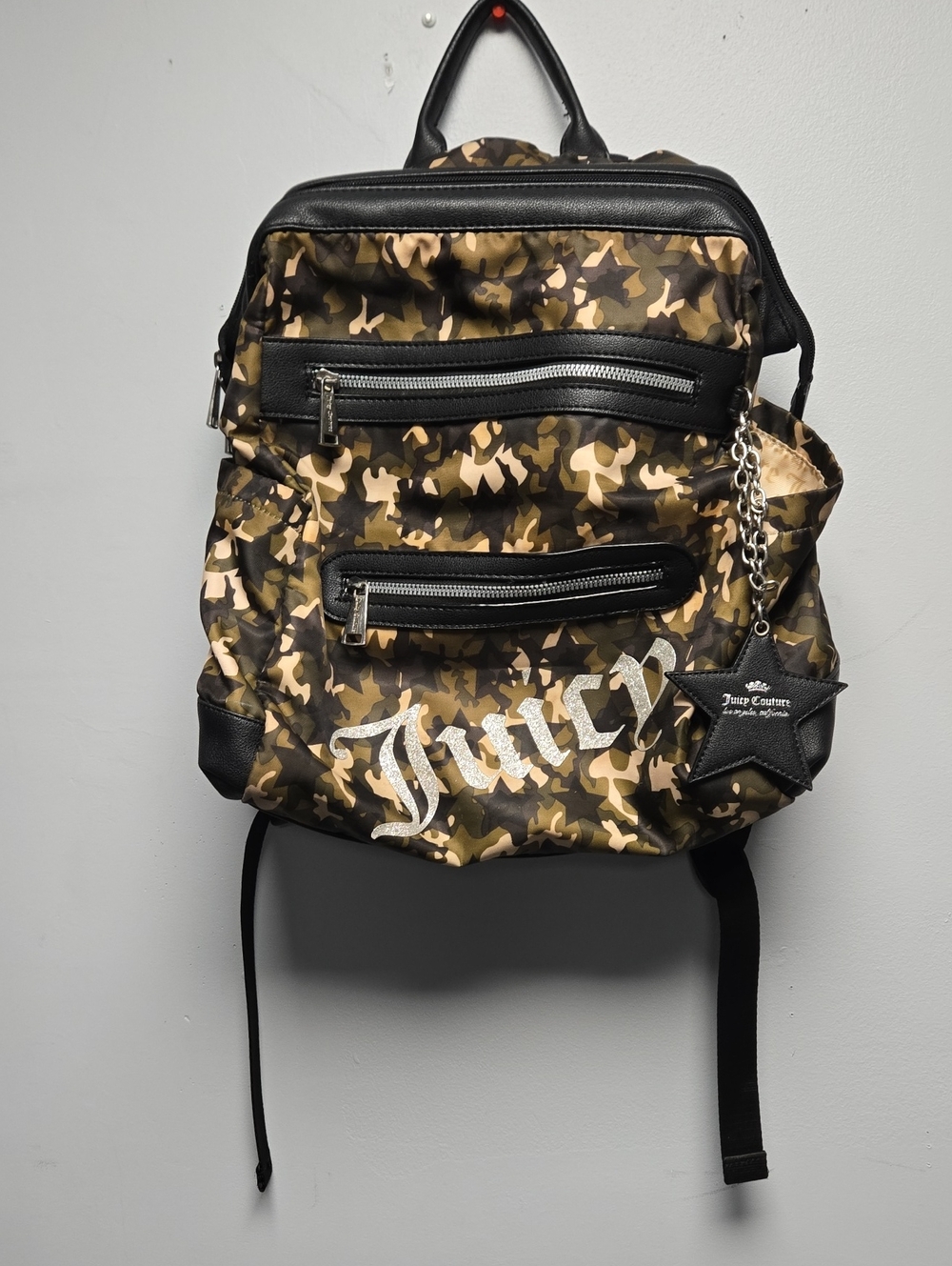 Juicy Couture Camo Print Knapsack Backpack with Star Charm - Green Brown Black